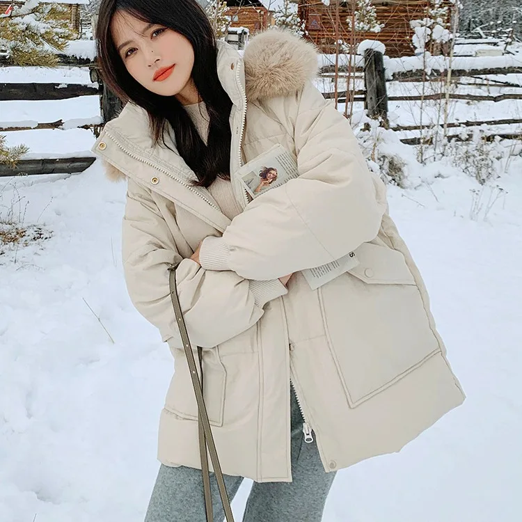 

ort Puffer Jaet Women's Mid-Length Winter New Sle Small Size Thiened Hooded Large Fur Collar Korean Version Casual Lo...
