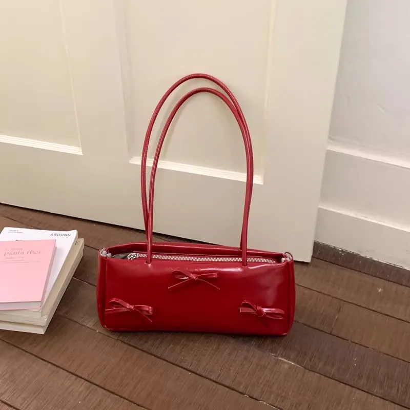 

Bow Rectangle Shoulder Bag for Women 2026 Summer New PU Leather High End Commuter Handbag Zipper Fashion Casual Underarm Bag