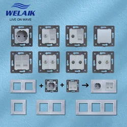 WELAIK EU Gray 45*45mm TV Computer Wall Power Socket Outlet Tempering Glass Panel DIY Parts Module Gather Zone