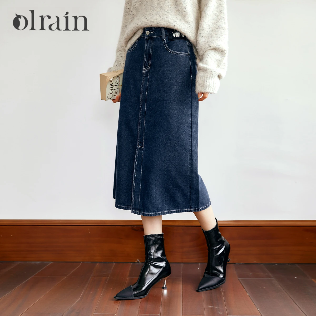 

OLrain Straight Denim Skirt Women 2025 Autumn Vintage Washed Cotton High Waist Slit Spliced Embroidery Long Skirts N56QB93391