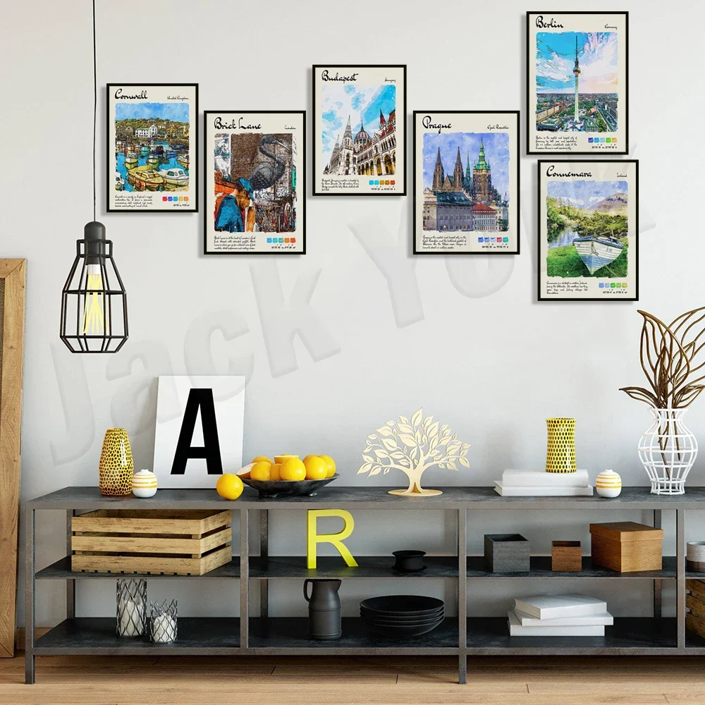 

Berlin, Honolulu, Paris, Brick Lane, Glastonbury, Connemara, Durdle Door, Weymouth, Prague Cornwall watercolor travel poster
