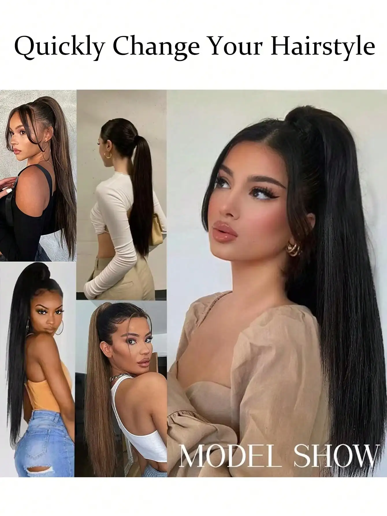 JKL الاصطناعية طويلة مستقيم مخلب كليب على ذيل حصان وصلات شعر مقاومة للحرارة ذيل حصان شقراء سوداء هيربيسي للنساء #6