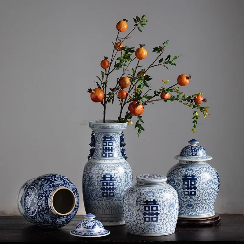 Jingdezhen Blue and White Porcelain Vase with Happy Character Design Chinese Ceramic Home Decor for Living Room Flower
