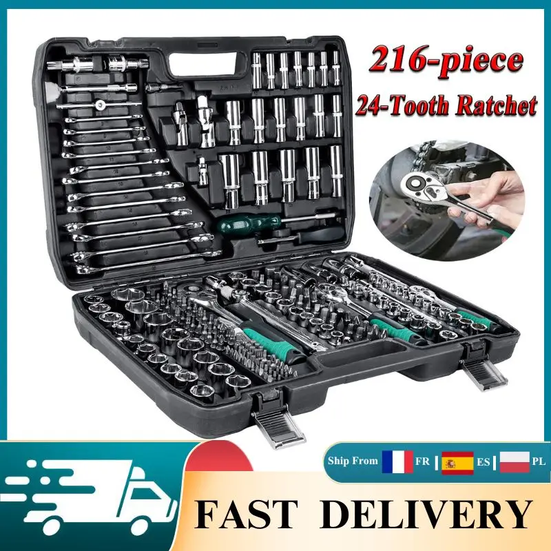 216-teiliger Ratschenschlüssel-Satz Auto-Reparatur-Werkzeugset 24-Zahn-Ratschenschlüssel aus Chrom-Vanadium-Stahl Tragbarer Professioneller Werkzeugkoffer