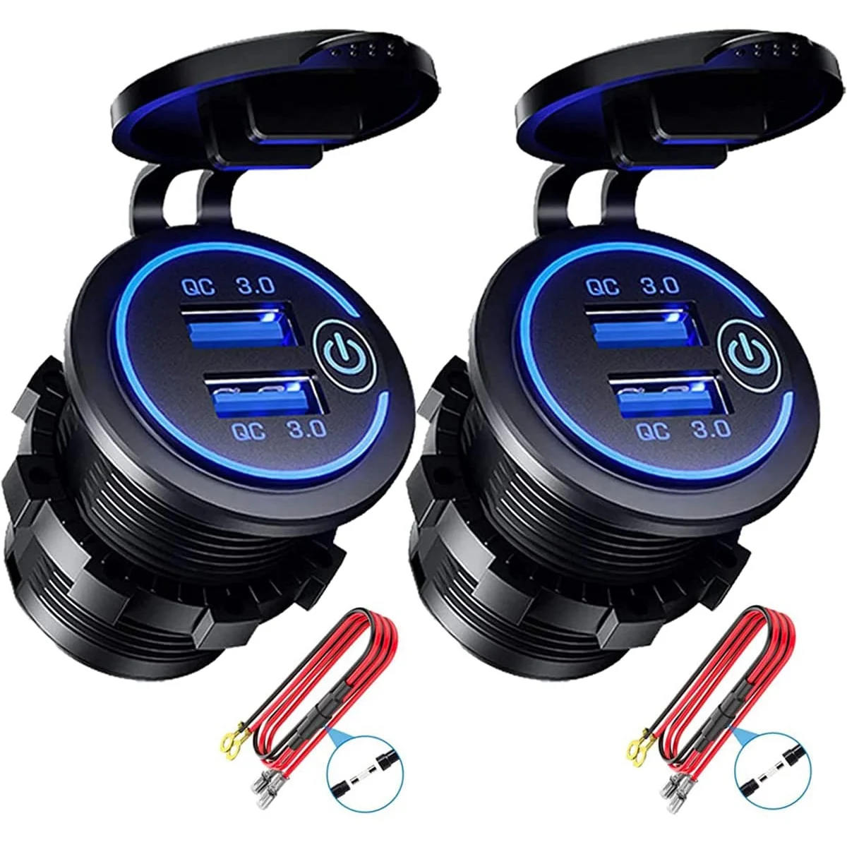 

QC 3.0 Dual USB Charger Socket,Waterproof 12V/24V USB Outlet with Press Switch for Car, Marine,RV,Motorcycle,Blue 2Pack