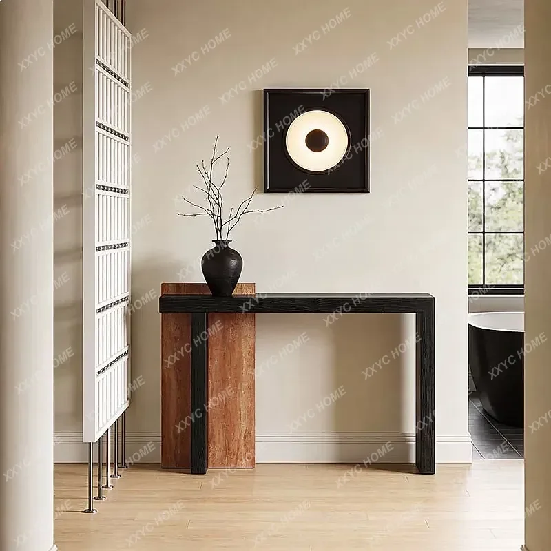 XX Solid Wood Natural Travertine Entryway Console Table Narrow Long Table for Hallway Living Room Creative Decor