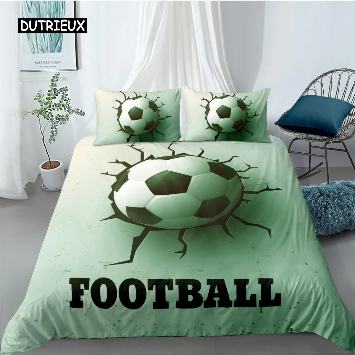 Soccer Duvet Cover Set FootBall and Old Plaster Wall Damage Destruction Punching Bedding Set Teens Queen Polyester Quilt Cover