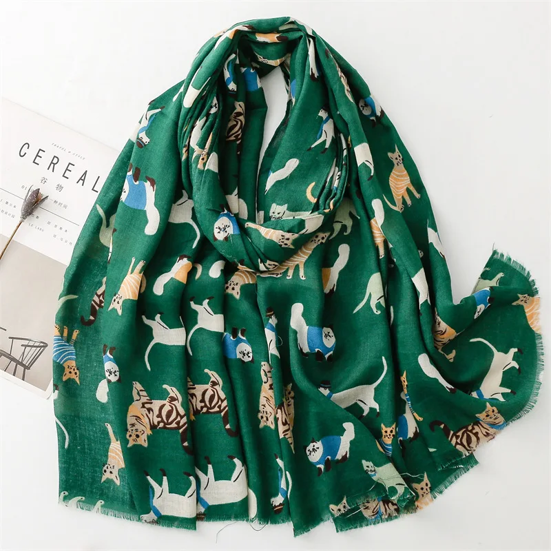 Lovely Cartoon Cat Pattern Fringe Viscose Shawl Scarf Lady Girls High Quality Wrap Pashmina Stole Bufandas Muslim Hijab 180*90Cm