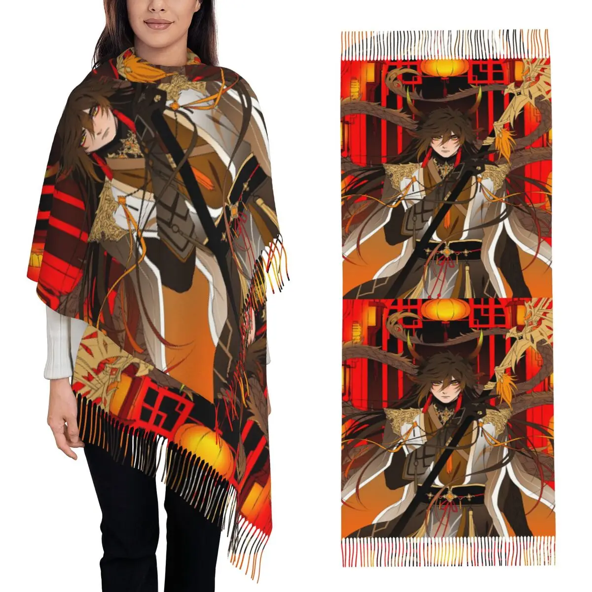 Zhongli Genshin Impact スカーフ タッセルスカーフ 女性用 ソフトで暖かいショールとラップ ロング 秋 冬 ショールラップ