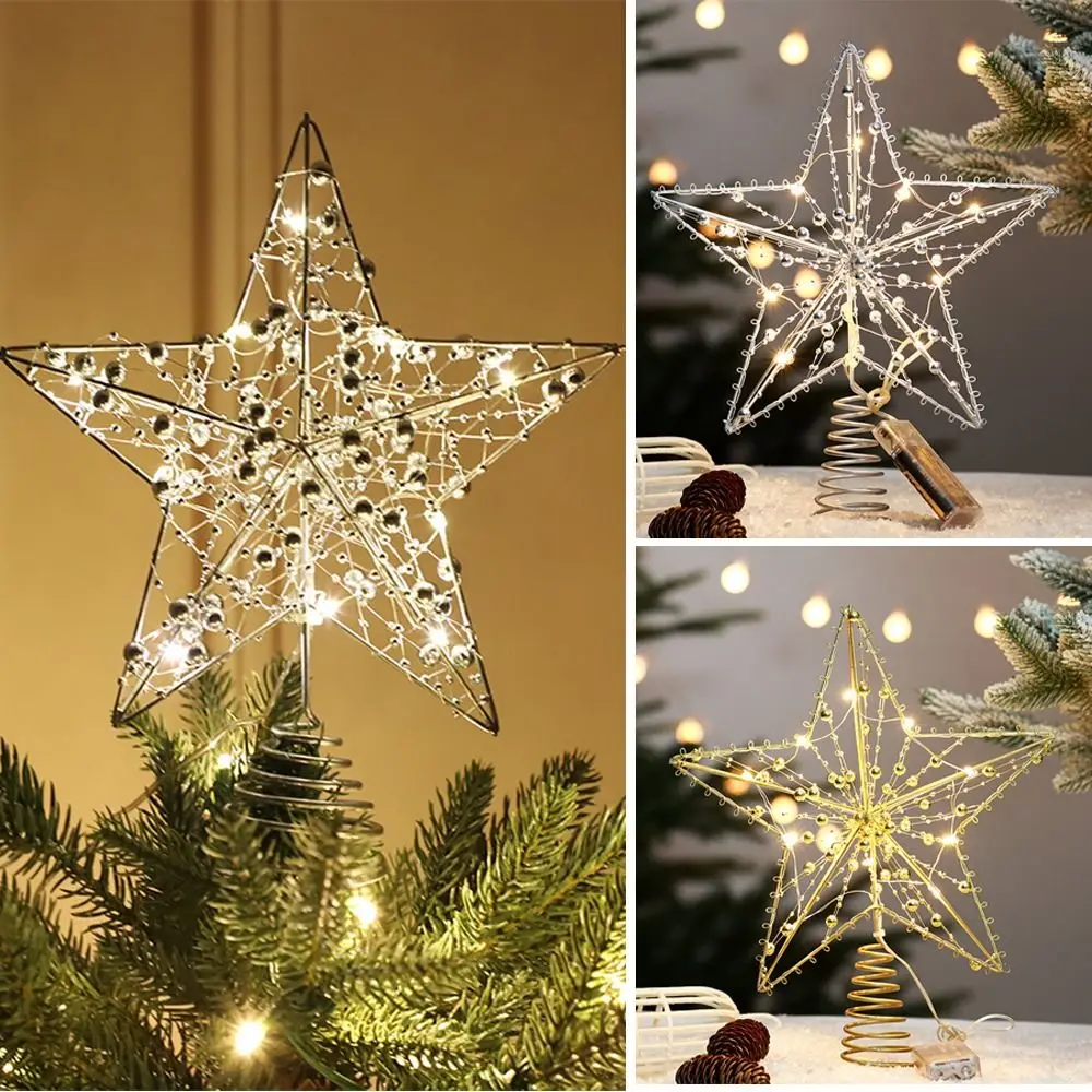 Pearl Wire Christmas Tree Star Topper Gold Iron 2025 New Year Xmas Tree Ornaments LED Light Natal Noel Home Decoration