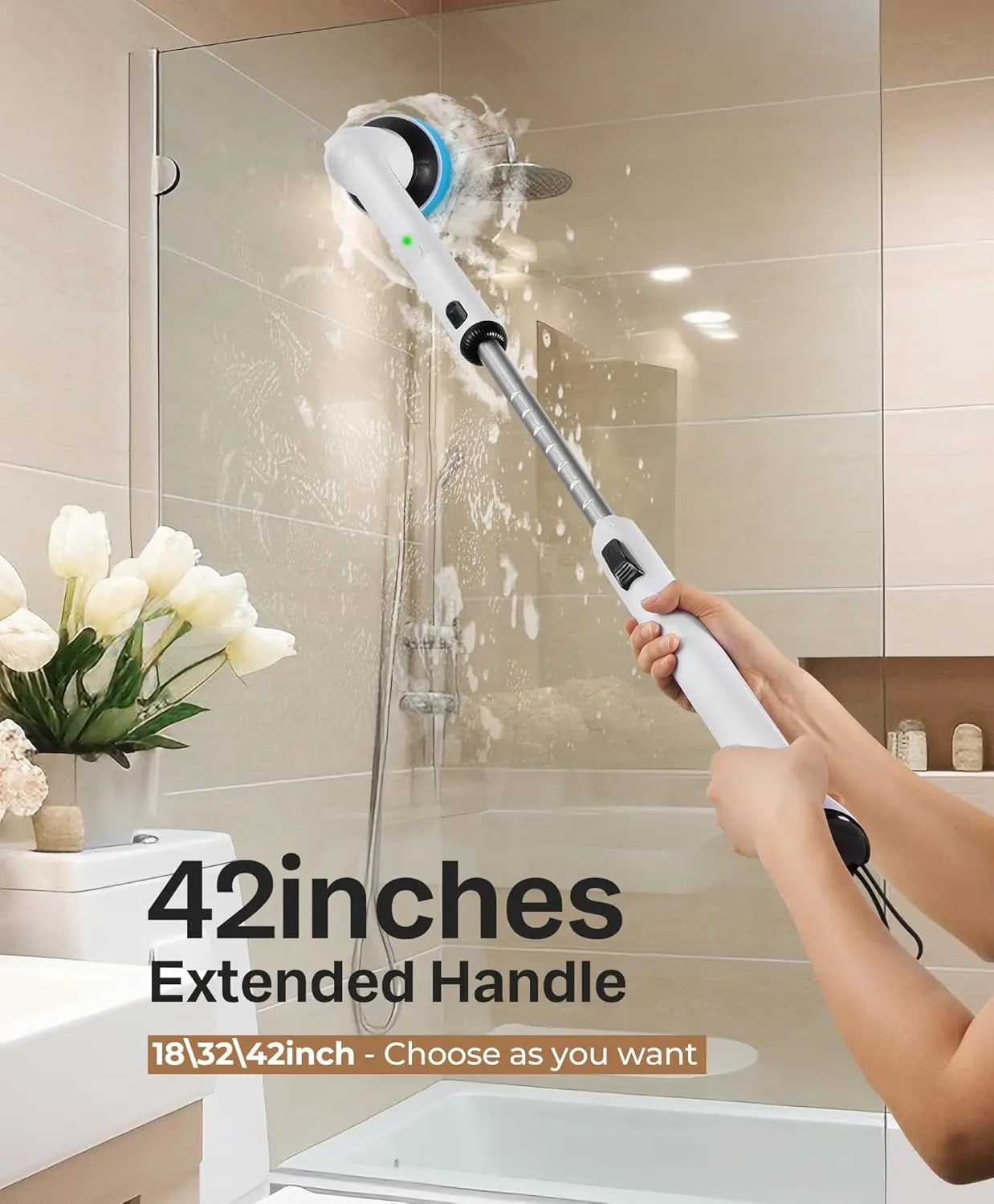 Electric Spin Scrubber, 2024 New Full-Body IPX7 Waterproof Bathroom Cleaner Brush, Shower Scrubber w/ Long Handle & 2 Speed,