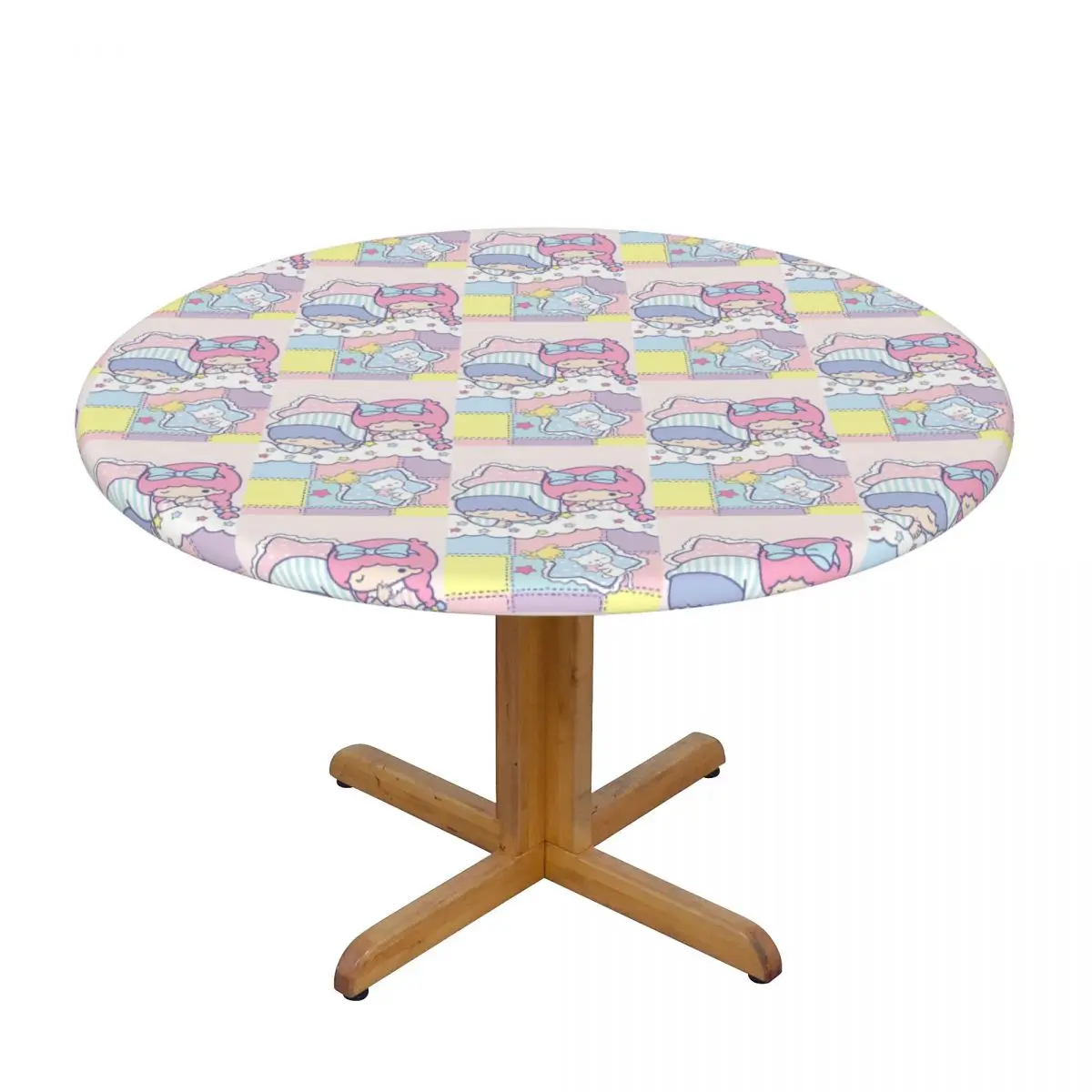 Customized Little Twin Stars Sanrio Cartoon Kiki Lala Tablecloth Round Elastic Fitted Oilproof Table Cloth Cover for Dining Room