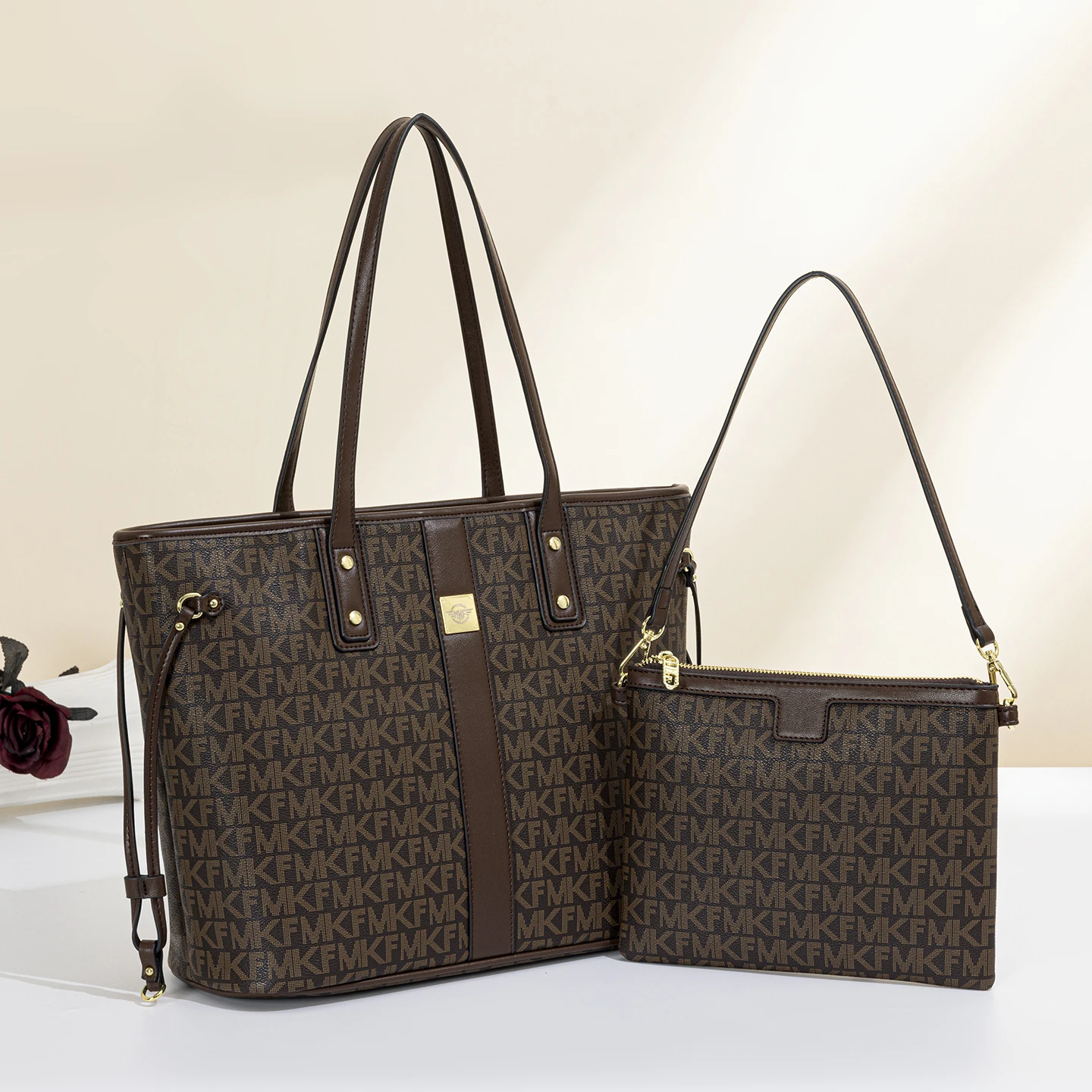 Vintage Monogram Tote Bag 2-Piece Set Luxury Texture Large Capacity Multi-Compartment Commute Shoulder Bag With Clutch