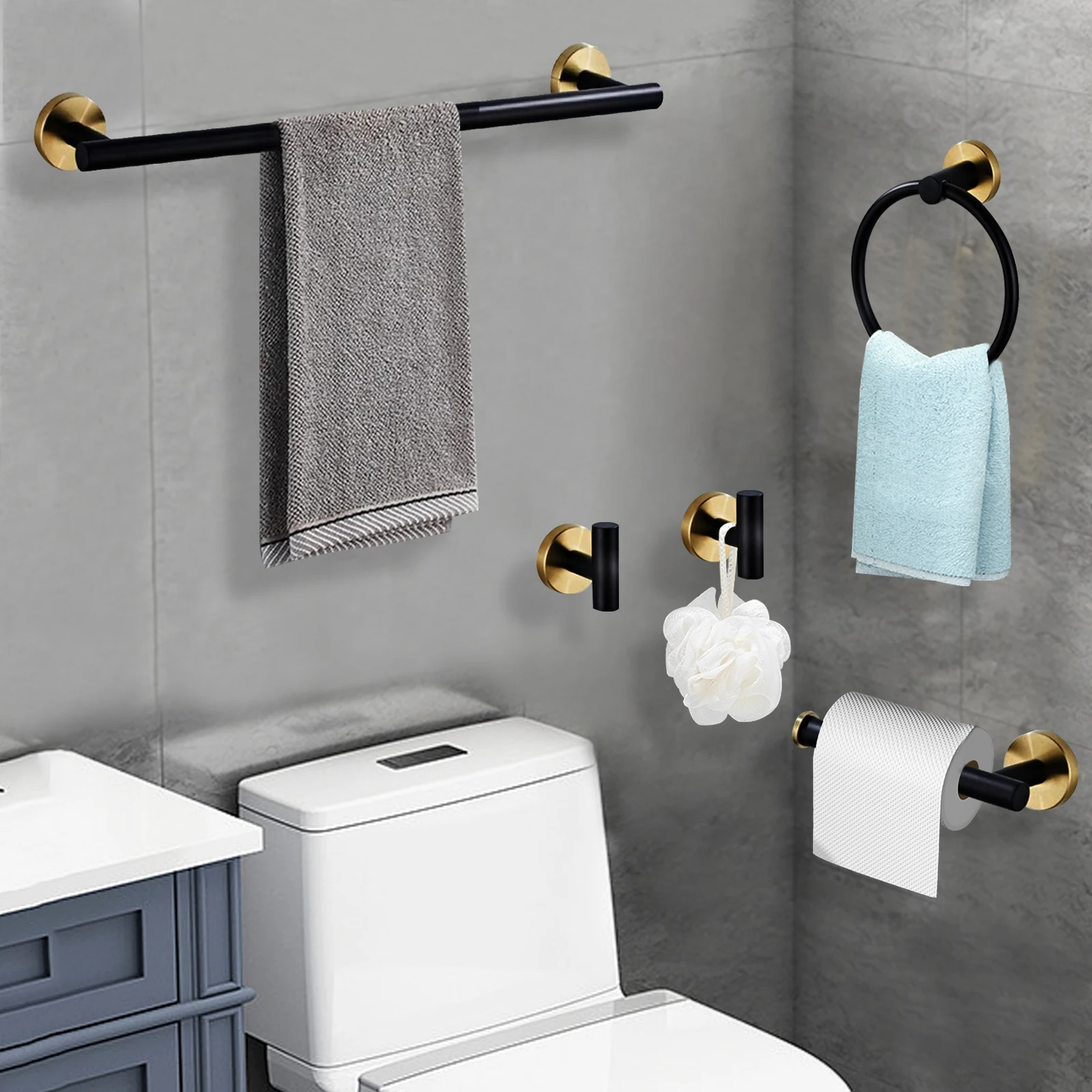 Wall-montado em aço inoxidável Toalha Bar Set, moderno banheiro Hardware, preto e dourado, 5 PCs