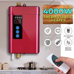 4000W Electric Water Heater Remote Control Instantaneous Tankless Water Heater for Kitchen Bathroom Shower Water Fast Heating