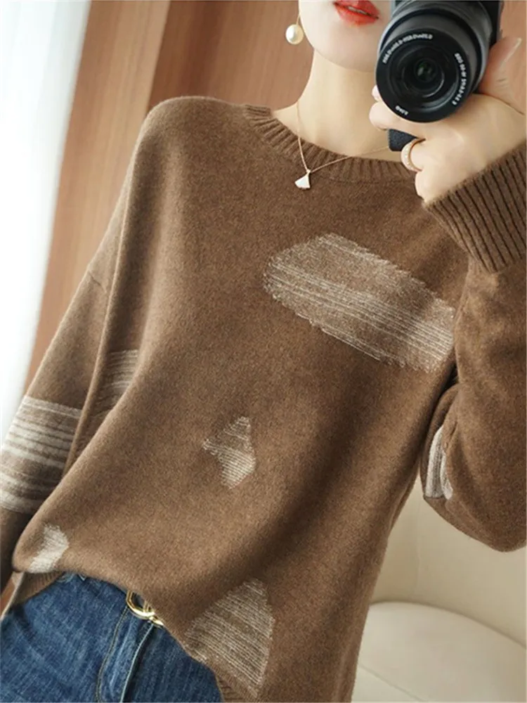 Stylish Printed O-Neck Spliced Korean Sweaters Women's Clothing Autumn Winter New All-match Casual Pullovers Loose Commute Tops