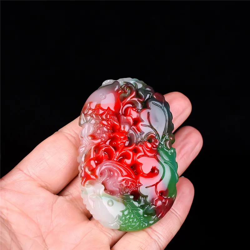 Natural Color Jade Fish Lotus Original Ecological Pattern Pendant Chinese Necklace Carved Charm Jewelry Amulet Fengshui Jewelry