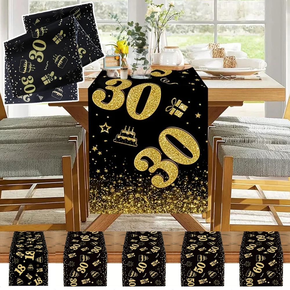 18/30/40/50/60th Black and Gold Table Runner, Birthday Banquet Party Long Tablecloth, Gold Foil Number Decoration Tablecloth 1PC