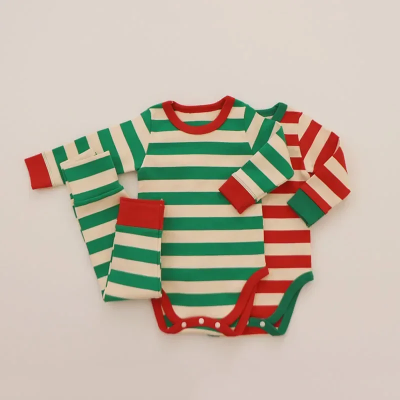 Pure Cotton Baby Pajamas Sets Red Green Striped Infant Boy Girl Pyjamas Romper Pants 2pcs Sets Long Johns for Christmas New Year