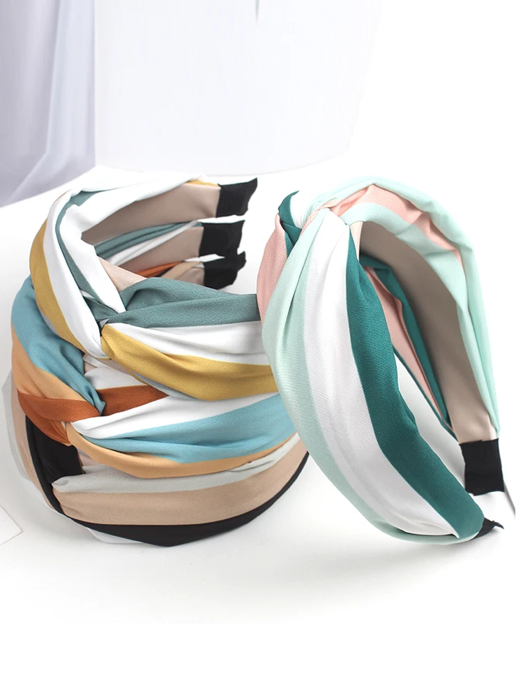 Baru-Bandeau à la mode Wanita, Lebar Sisi Balls, Kepala Cross, Simpul Sorban, Klasik Bergaris, Hiasan Kepala, Rambut Aksesoris