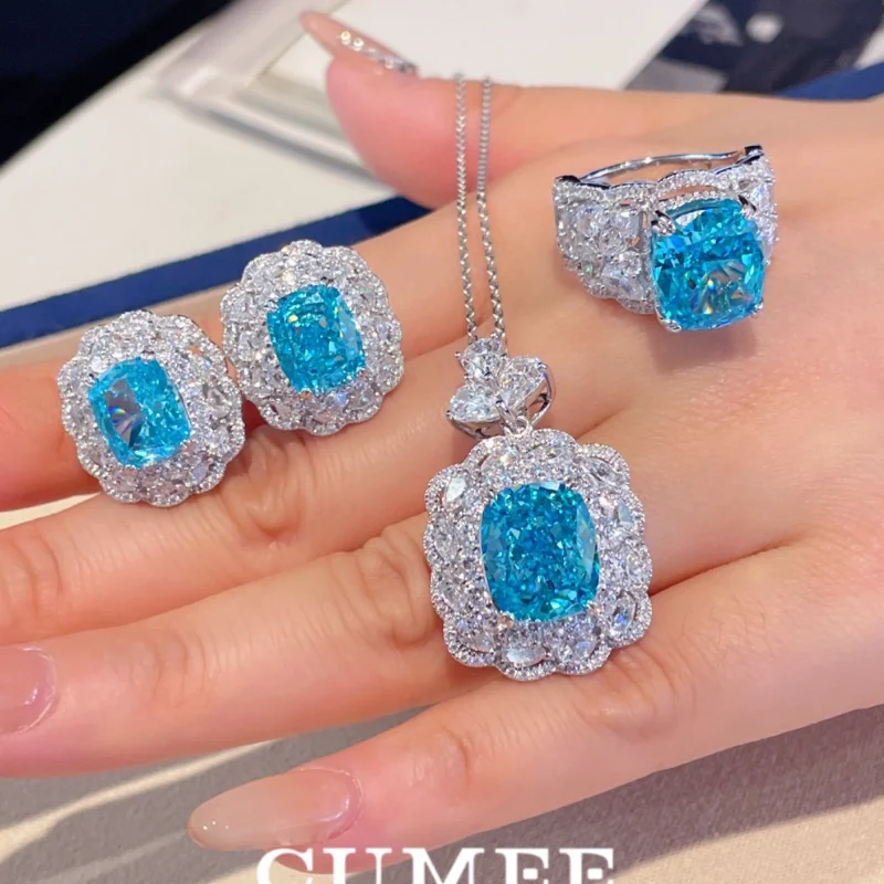 Cumee New Style Summer Wear Color Full of Artificial Aquamarine Gemstone Rings Fine Jewelry Set 925 Silver Gold Plating