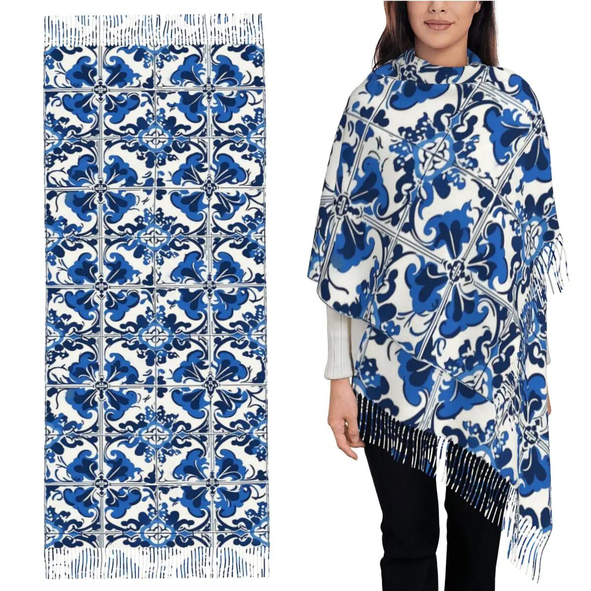 

Итальянский дизайн плитки в стиле Amalfi Coast, шарф с кисточками для женщин, мягкие теплые шали и накидки, большая осенне-зимняя шаль