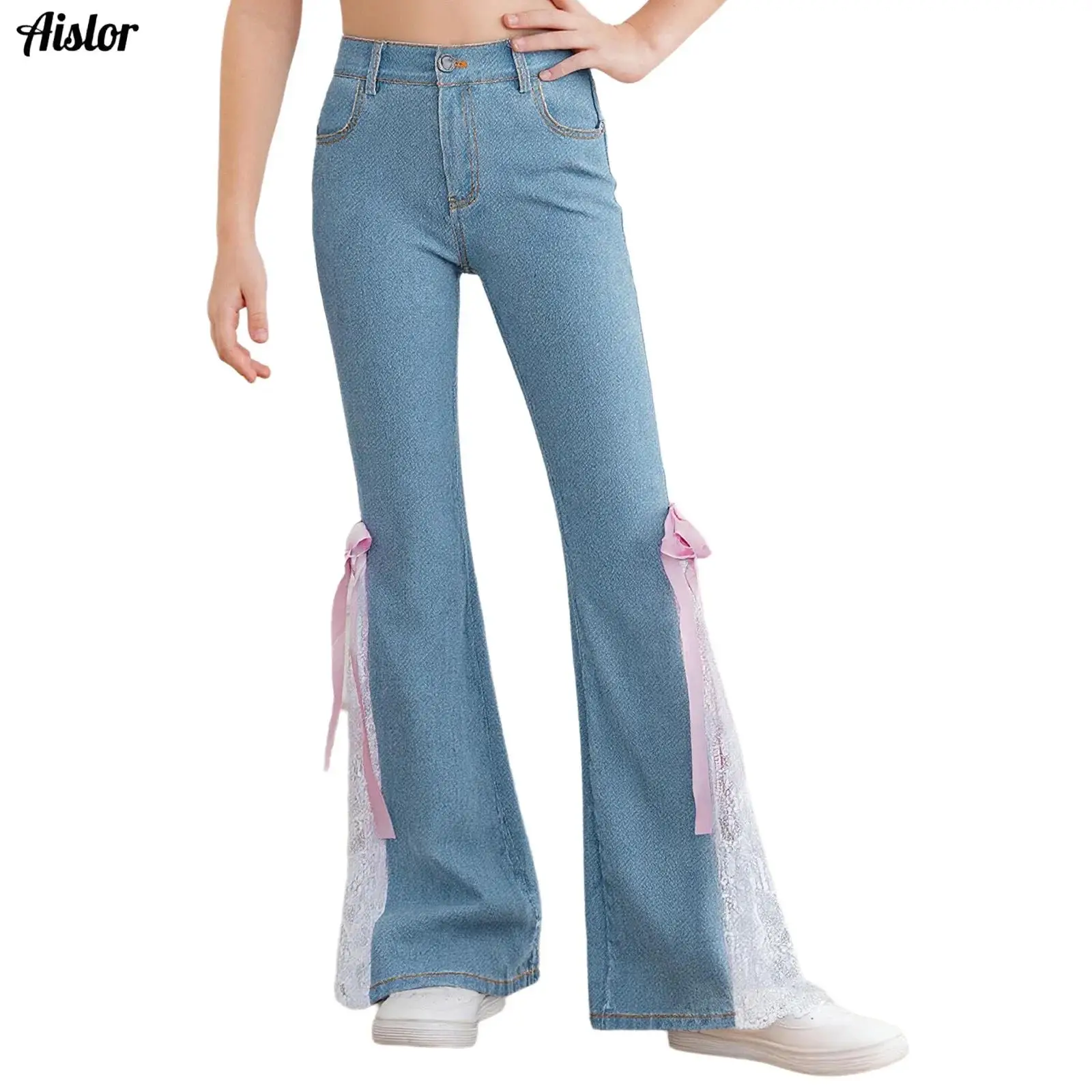 

Kids Girls Denim Pants Bowknots Lace Patchwork Elastic Waist Bell-Bottom Trousers Flared Jeans with Pockets Teen Casual Clothes