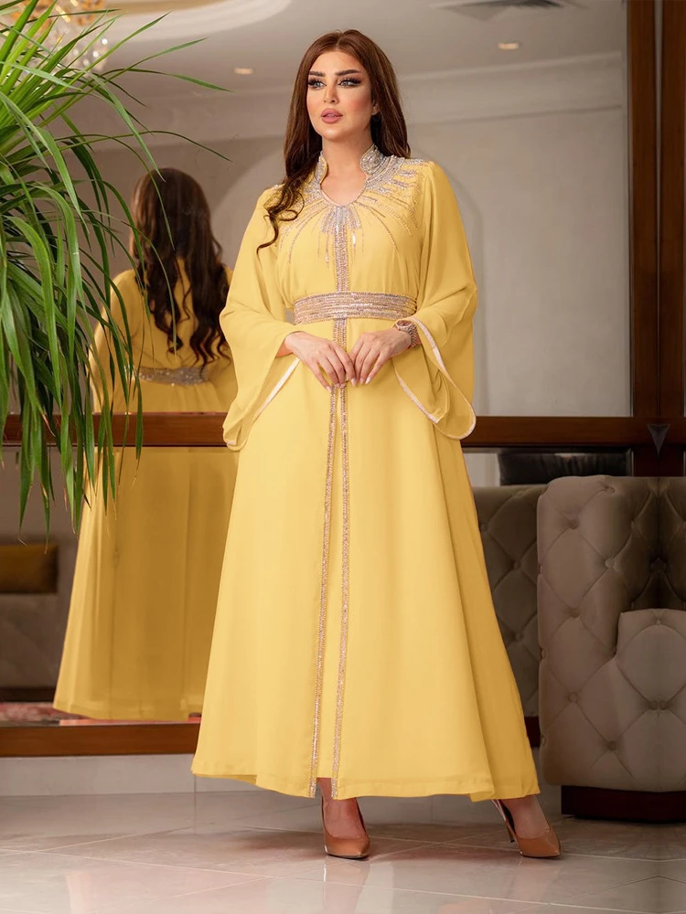 Abaya musulmana con cuello levantado para mujer, vestido de fiesta marroquí, caftán de diamantes de Dubai, bata elegante, vestido de Turquía