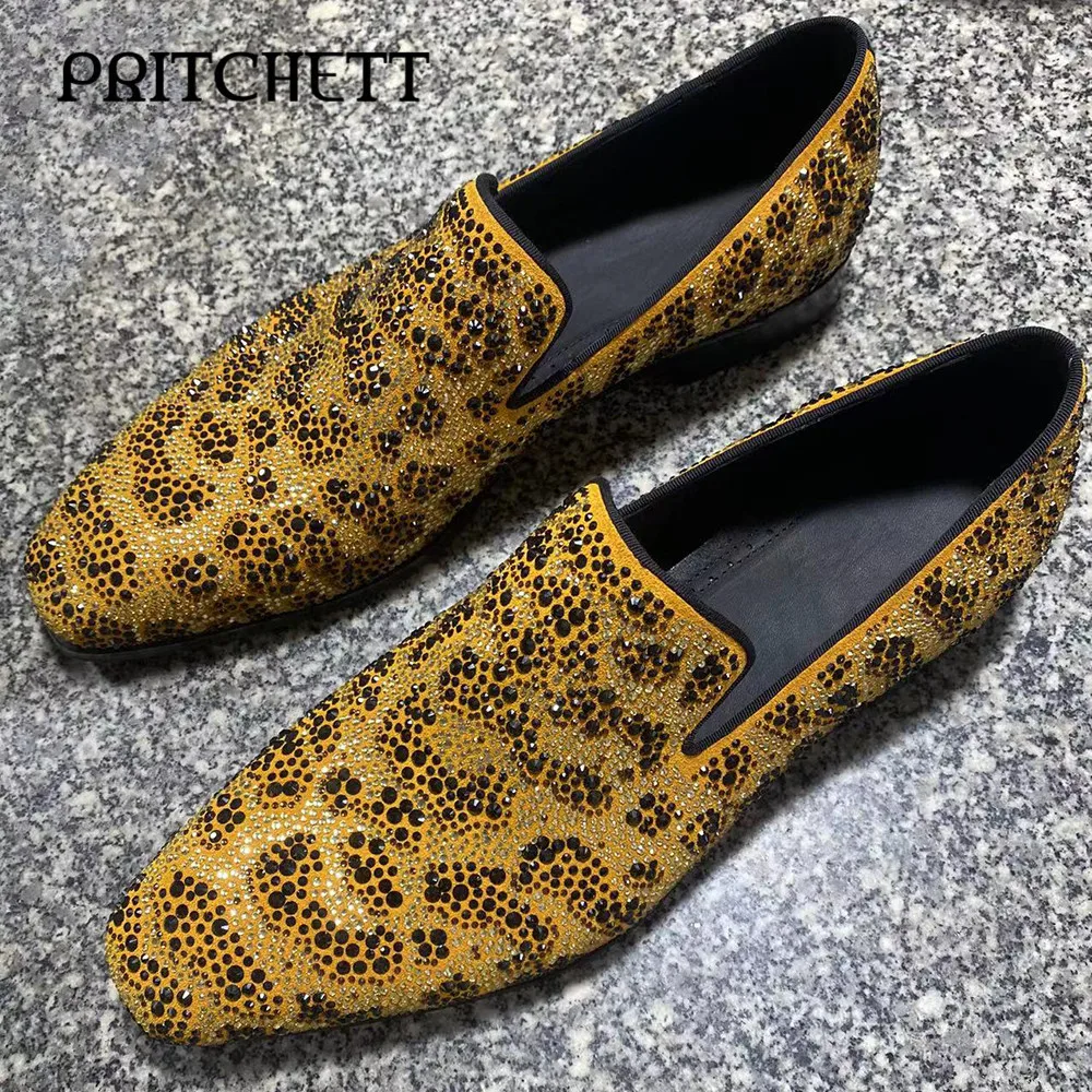 

Luxury Diamond-Covered Slip-On Loafers Round Toe Yellow Trendy Casual Shoes Large Size Fashionable and Personalized Men's Shoes