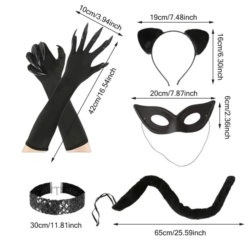 Halloween Kat Oren Masker en Staart Set Sexy Hoofdband, Handschoenen, Ketting Maskerade Kostuum Accessoires Festival Party Props voor Vrouwen