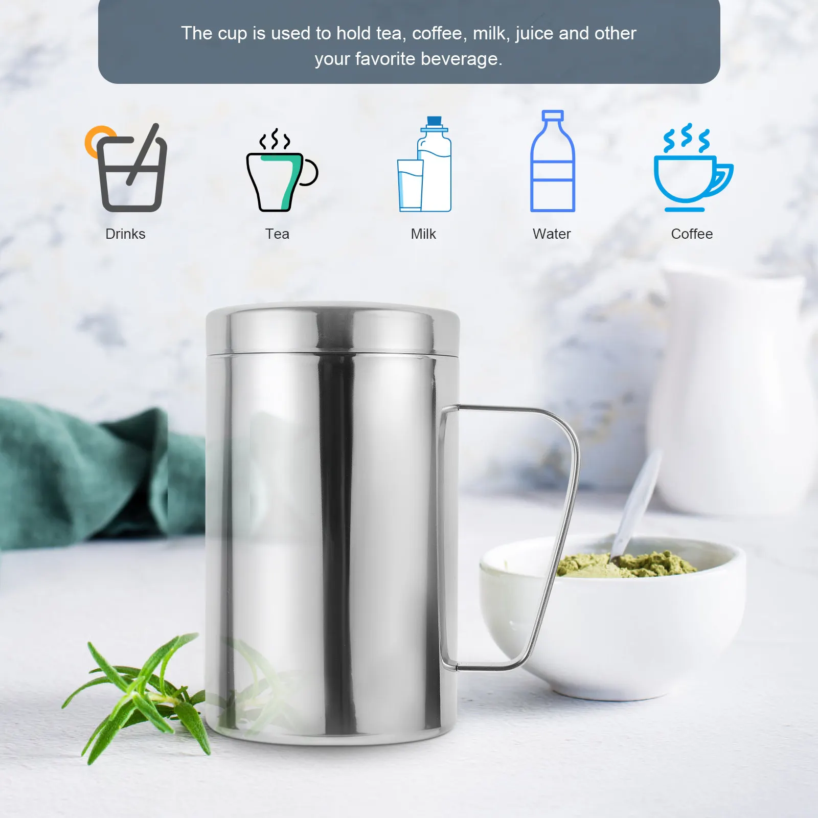 

Stainless Steel Mug with Handle Heavy Duty Dishwasher Safe Coffee Mug Tea Cup Juice Container Ergonomic Design Household Office