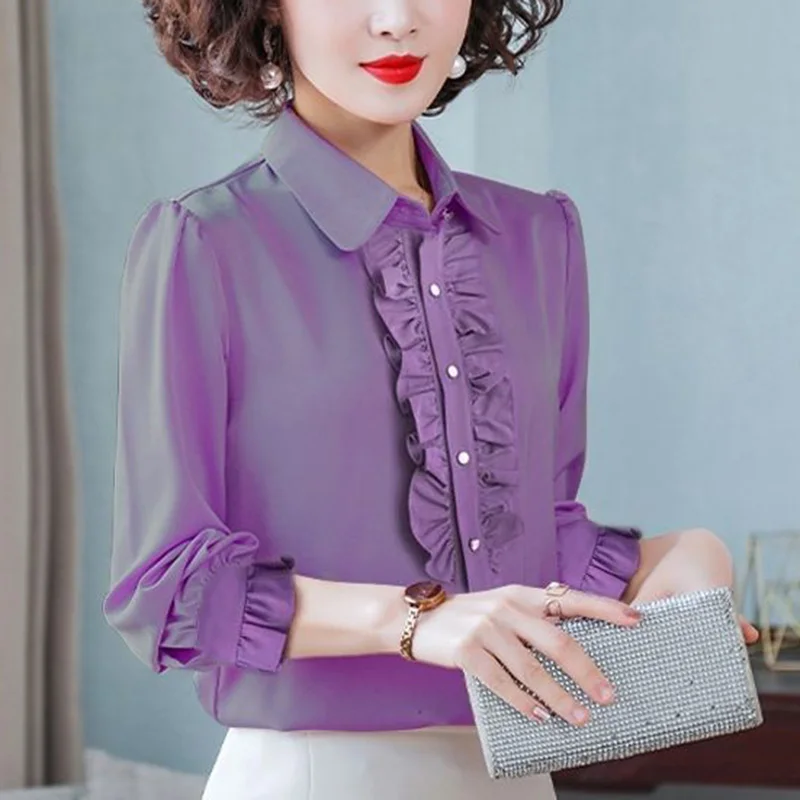 Elegant Lapel Button Spliced Solid Color Ruffles Shirt Women's Clothing 2023 Autumn New Casual Tops Loose Office Lady Blouse