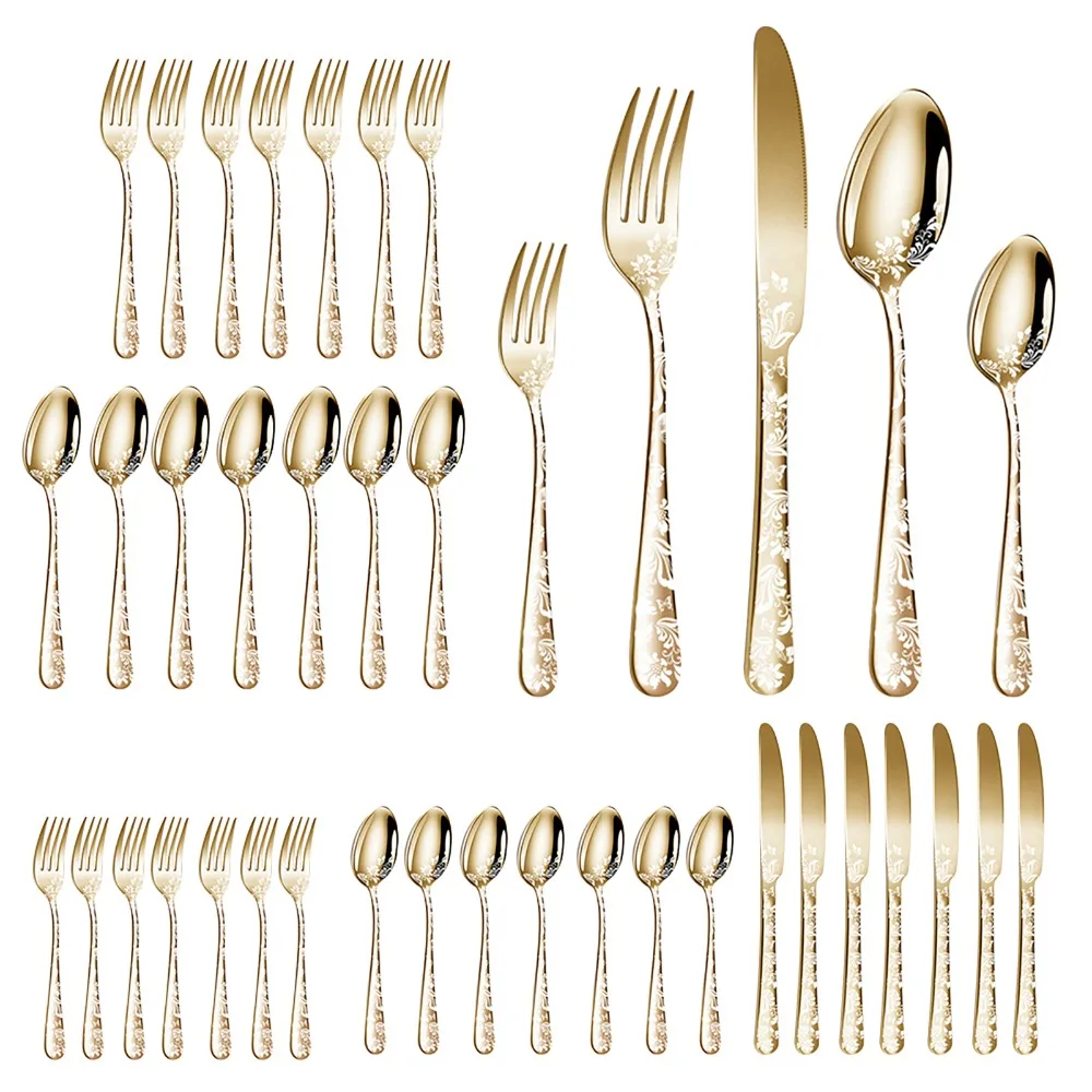 40pcs Stainless Steel Silverware Set Silver Gold Floral Pattern Flatware Set Unique Elegant Cutlery Set Kitchen Restaurant Party