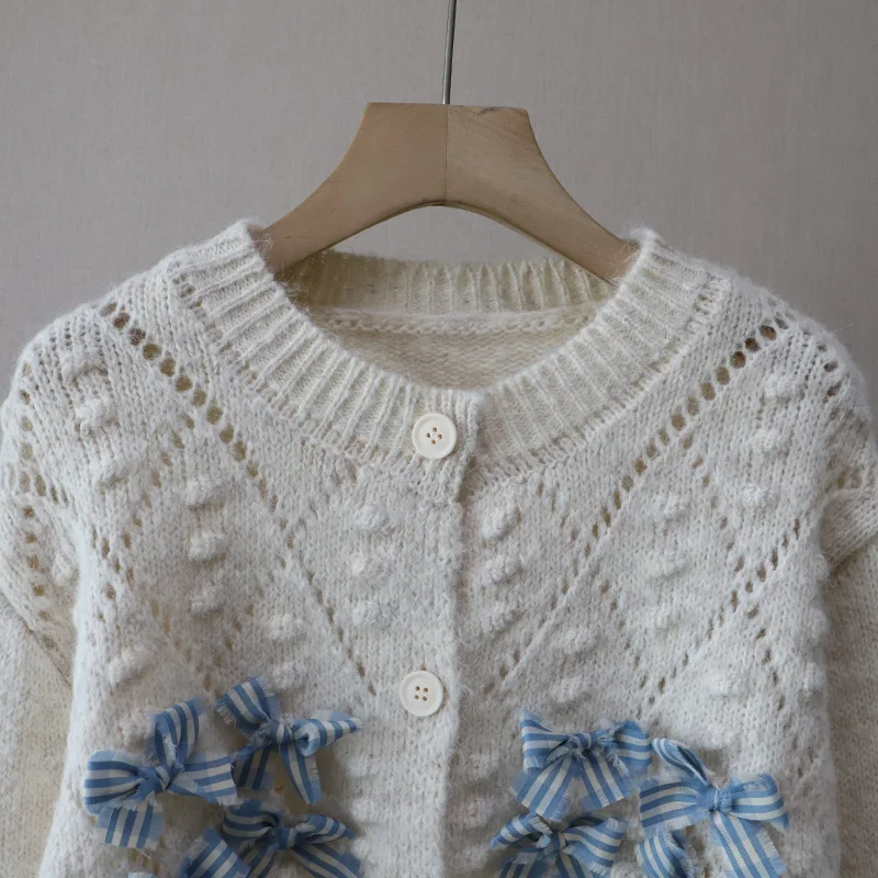 2025 Autumn/Winter New Round Neck Bow Knot Short Versatile Knit Cardigan Sweater for Women