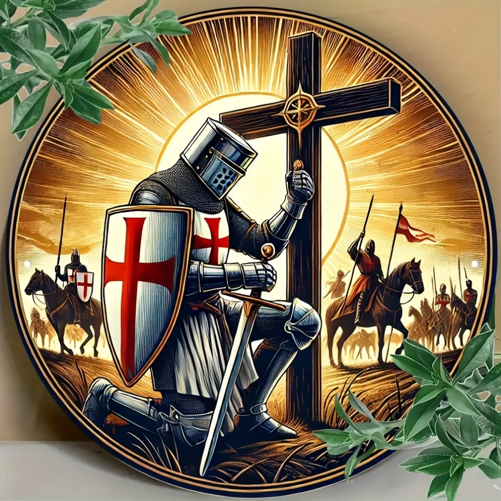 Metallschild „Vintage Templar Knight Prayer“, Kreuzritter-Kreuz-Design, mittelalterliches Glaube-Thema für die Wanddekoration zu Hause, inspirierendes Kunstwerk