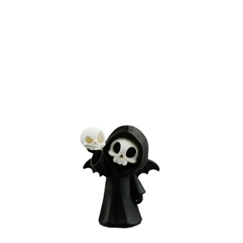 Mini Grim Reaper Resin Figure With Wings, Kawaii Skeleton Statue Holding Skull, Gothic Desktop Ornament For Halloween Party