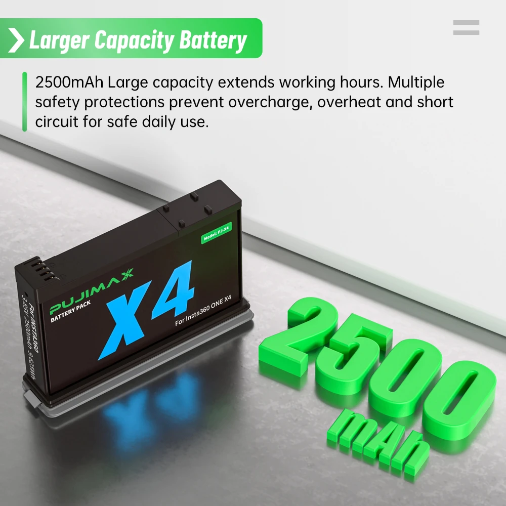 PUJIMAX Rechargeable Li‑ion Battery 3.85V 2500mAh Replacement Battery for Insta360 X4 360 Panoramic Action Camera Accessories