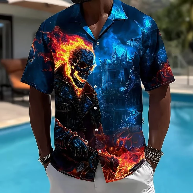 

Flame Skull Men's Shirt Halloween Theme New In Button Up Shirt Short Sleeve Dark Style Holiday Party Streetwear Summer Shirt Men