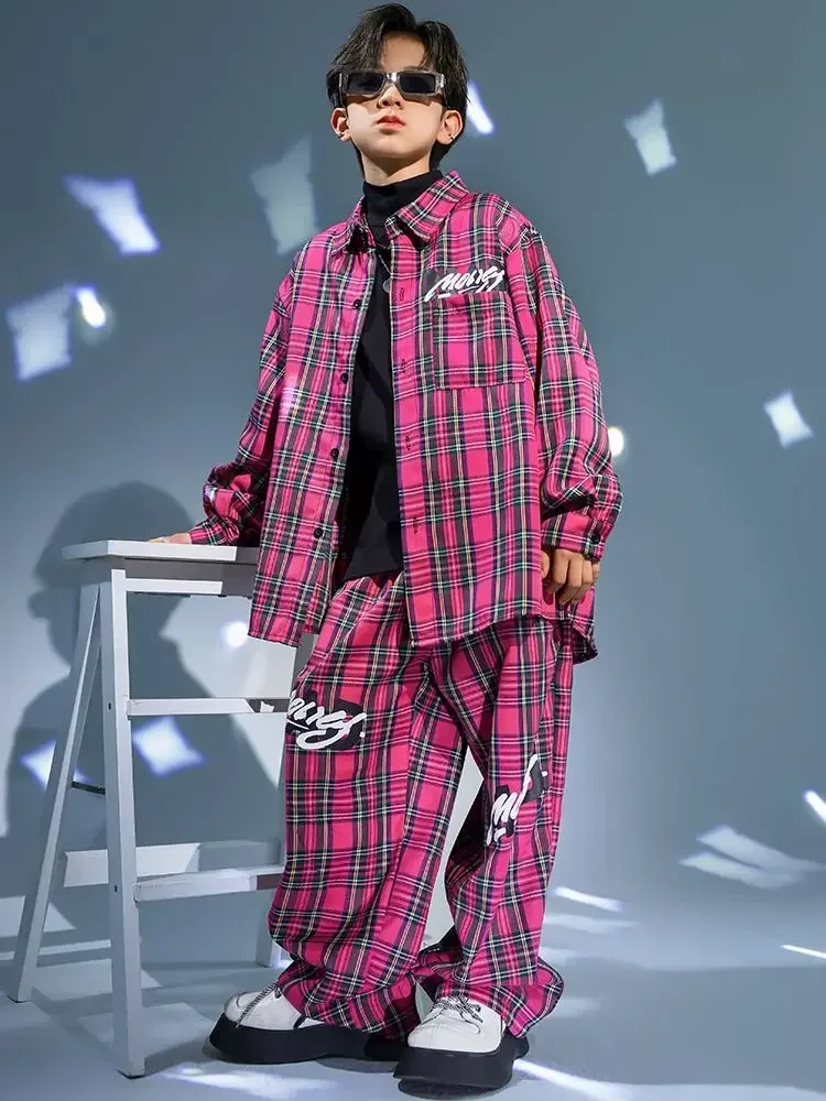 Rose Red Plaid Shirt Elastische Taille Broek Jongens Jazz Prestaties kleding Kids Kpop Streetwear Ballroom Hip Hop Danskostuums