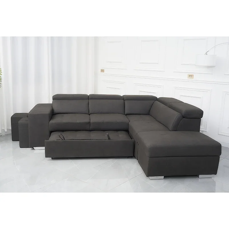 Microfiber Sofa Cum Bed L Shaped Folding Sofa Bed With Storage and Stools