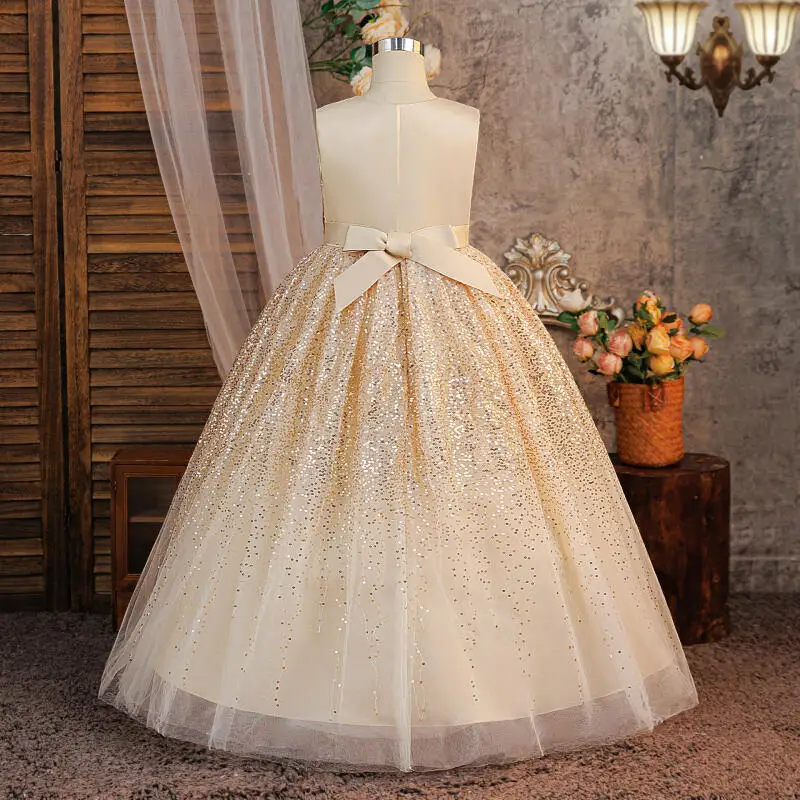 Sequined Princess Dress Wedding Party Girls Sleeveless Tutu Skirt Festival Children Dresses Mesh Skirts 4-8Y
