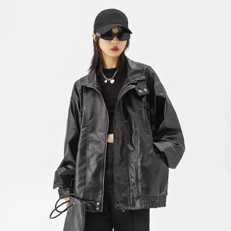 Vintage Women\'s Leather Jacket Oversize Korean Style Streetwear Moto Biker Zipper Jackets Gothic Casual Windbreaker