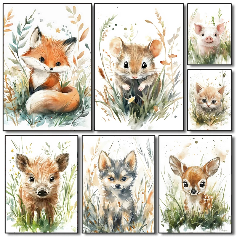 Cute Baby Animals in Field Grass Posters Watercolor Prints Canvas Painting Wall Art Pictures Home Modern Kids Room Decoration