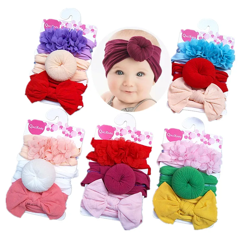 Diademas elásticas de gasa para niña, accesorios para el cabello, lazos de nailon, turbante de Color sólido, 3 unidades por Set