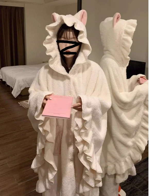 حجم كبير المرأة سميكة مقنعين ثوب النوم الخريف الشتاء لطيف المرجان الصوف كيب منامة موضة فضفاضة تنوعا المتسكعون مجموعة #2