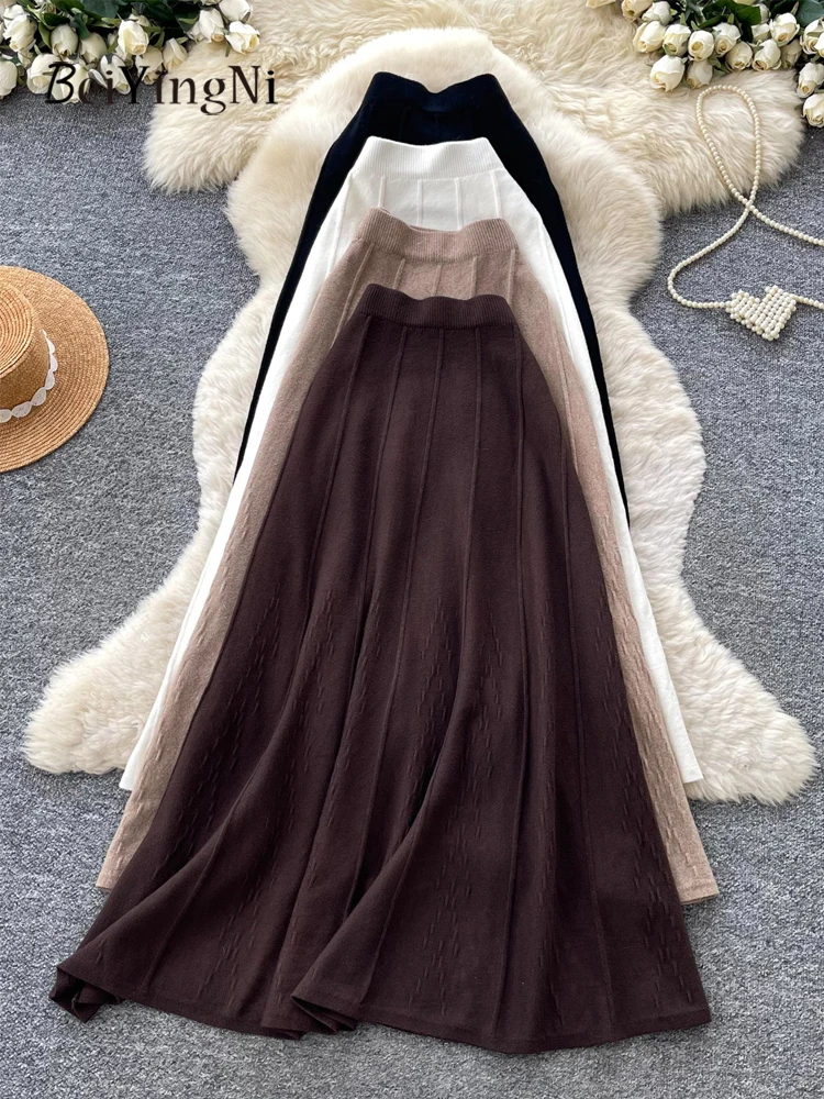 Beiyingni French Elegant Knit Skirts for Women Autumn Winter Thick High Waist A-line Skirt Female Casual Street Simple OL Skirt