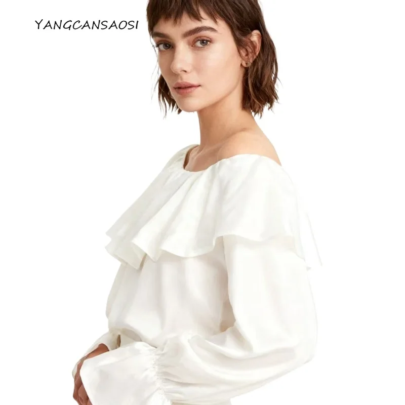 

Women's Fashion Clothing New 100% Natural Mulberry Silk Plain Satin Lotus Leaf Edge One Word Neck Off Shoulder White T-shirt