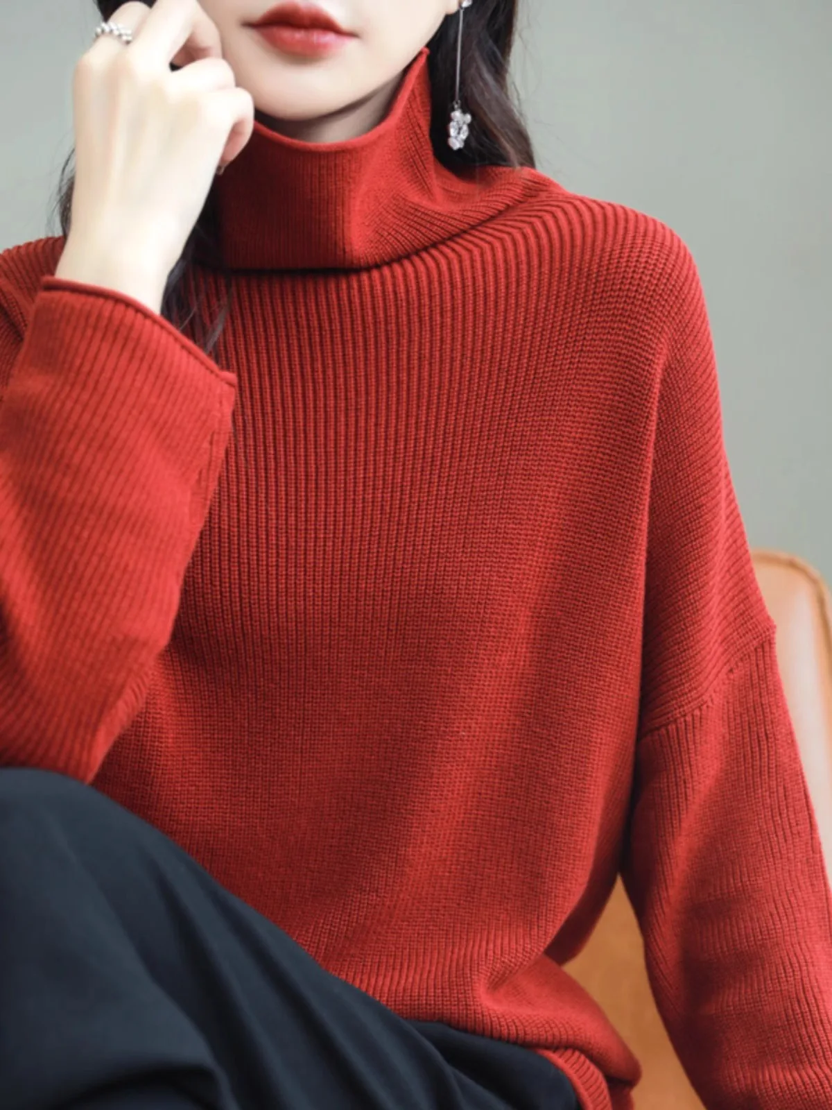 

Thiened Pure Cotton High Collar Long Sve Women's Knitted Sweater Warm Inner Wear Top Color Crew Ne Pullover