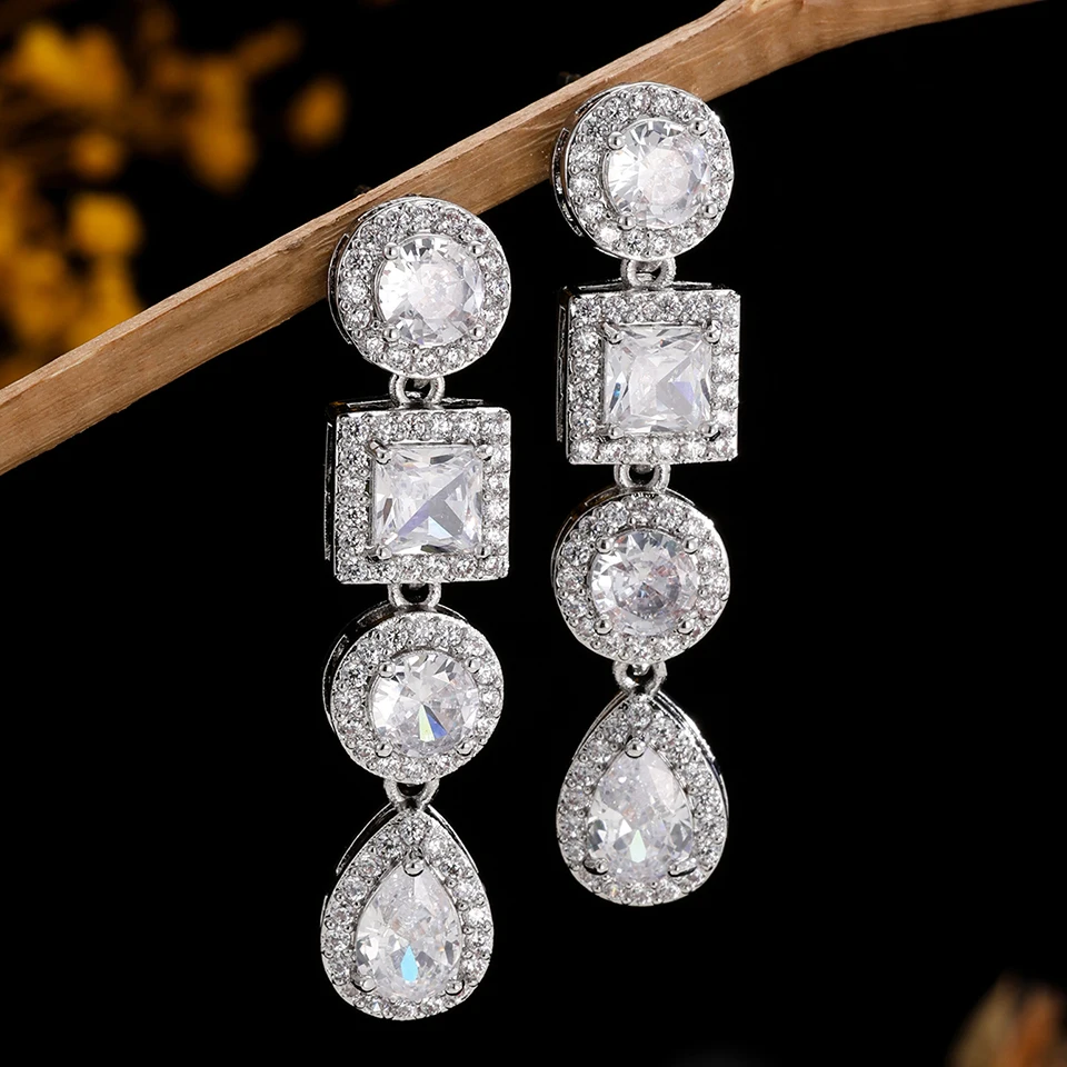 ZAKOL Luxuriöse Elegante Mehrfach-Form Zirkon Lange Hängeohrringe für Damen Rund Quadratisch Tropfenförmig CZ Ohrschmuck Geschenk – Detail 7