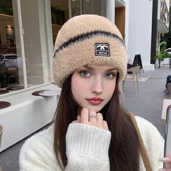 Autumn and winter women's plush hat thickened warm knitted cap padded wool cap solid color set of head cap